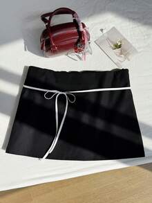 Comfortcana Women's Plus Size,Valentine Day,Black Tie Waist Skirt Drawstring Skirt Tie Skirt Skirt With Bow Mini Skirt Black Skirt Skirt For Women - Black - View 6