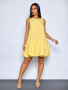 SOLERSUN Women's Elegant Scoop Neck Chic Ruffled Hem Summer Party Outfit Puffball Mini Dress - Yellow - View 6