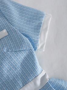 SHEIN Teen Girl Round Neck Contrast Trim Pleated Elegant Short Sleeve Dress - Blue - View 3