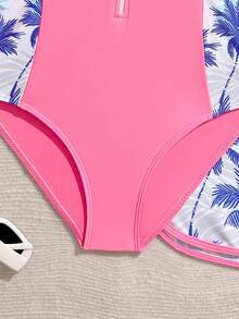 SHEIN 少女碎花长袖泳衣短裤套装，粉色渐变棕榈树图案，前拉链设计，遮盖适中，可爱度假风Y2K风格，适合游泳、冲浪、度假、海滩等场合。 - 粉色 - 查看 4