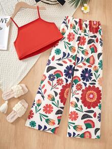 SHEIN Bộ đồ đi nghỉ hè cho bé gái, áo hai dây xếp tầng + quần ống rộng in hoa, kiểu dáng thanh lịch thường ngày, phối màu hài hòa, thích hợp cho dã ngoại, đi biển, chụp ảnh, mặc hàng ngày. - Nhiều màu - Xem 2