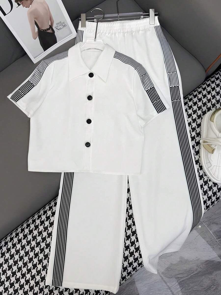 Resyla Bộ 2 món áo và quần ngắn tay kẻ sọc cài cúc phía trước dành cho nữ (kiểu dáng thường ngày) - trắng - Xem 1