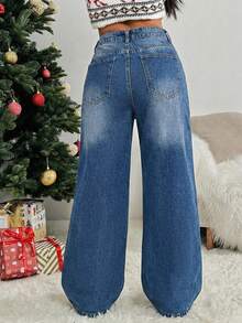 SHEIN PETITE Casual Washed Loose Straight Leg Jeans - Medium Wash - View 2