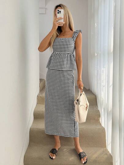 Easowa 2pcs Women's Cotton Black & White Plaid Skirt Set, Ruffled Sleeve Camisole And Straight Long Skirt, Suitable For Vintage, Resort, Countryside, French Vacation, Casual Commute Occasions Vacation/Boho/Sexy