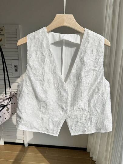 Comfortcana Plus Size White Cutout Chiffon Vest, Suitable For Commuting, Spring/Summer