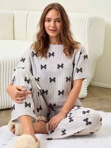EURMUSE Cotton Bow Print Short Sleeve Pajama Set – Soft Breathable Summer Sleepwear - Grey - View 1