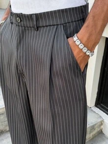 Manfinity Roghcode 男士竖条纹宽松休闲阔腿裤 黑色细条纹裤 男士阔腿裤 阔腿裤 细条纹裤 褶裥裤 - 米色 - 查看 3