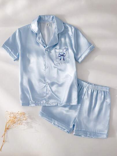 Tween Girls' Solid Blue Elegant Casual Loose 2 Pieces Shorts & Short Sleeve Homewear Set Summer Pajama Set Kids Sets Summer Blue