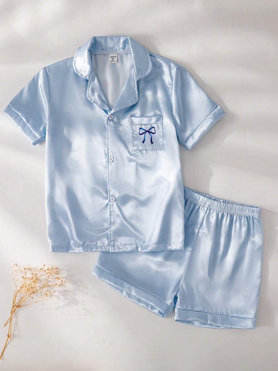 Tween Girl Solid Blue Elegant Casual Loose 2 Pieces Shorts & Short Sleeve Homewear Set Summer Pajama Set Tween Girl Sets Summer Blue - Blue - View 1