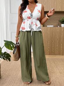 SHEIN Frenchy Bộ 2 món dành cho nữ cỡ lớn, kiểu dáng thời trang thường ngày, gồm áo in họa tiết và quần dài đến mắt cá chân, thích hợp cho kỳ nghỉ, hẹn hò, mặc hàng ngày, mùa xuân/hè. - Nhiều màu - Xem 8