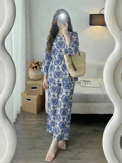 2 Pieces Of Teen Girls Set: Round-Necked, Long-Sleeved, Relaxed-Fit, Pullover Tops With Pattern Prints, Adjustable Waist, Loose-Fitting Wide-Leg Straight-Cut Long Pants, Perfect For Everyday Casual Wear; Suitable For Spring And Summer Seasons.