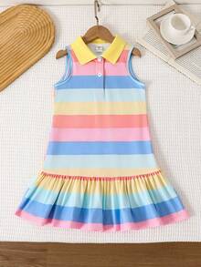 SHEIN 少女休闲彩色条纹印花无袖连衣裙 - 彩色 - 查看 5