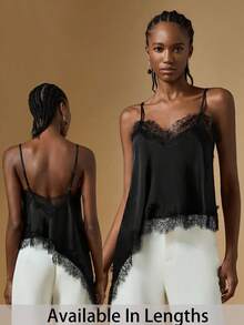 SHEIN Tall CURVE Valentine Plus Size Elegant Lace Trim Asymmetric Hem Camisole Top, Summer, Lace Trim Top, Lacey Top, Irregular Hem Design, Lace Patchwork, Summer For Women, Carnival, Party, Beach, Black Top - Black - View 3