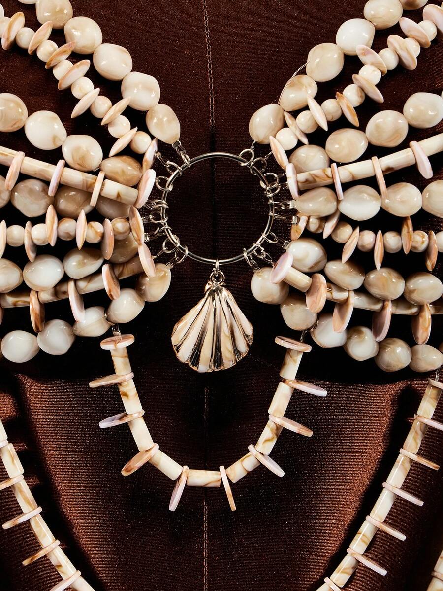 BamGleam Conjunto de bikini sexy con cuentas y conchas para vacaciones de verano de mujer - Beis - Ver 1