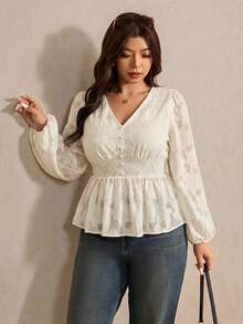 Elaquor Blusa feminina plus size com mangas bufantes franzidas, cintura franzida e barra com babados. - Damasco - Ver 6