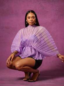 Vixey 薄纱高领长袖荷叶边下摆褶裥纹理欧根纱上衣 - 紫色 - 查看 3