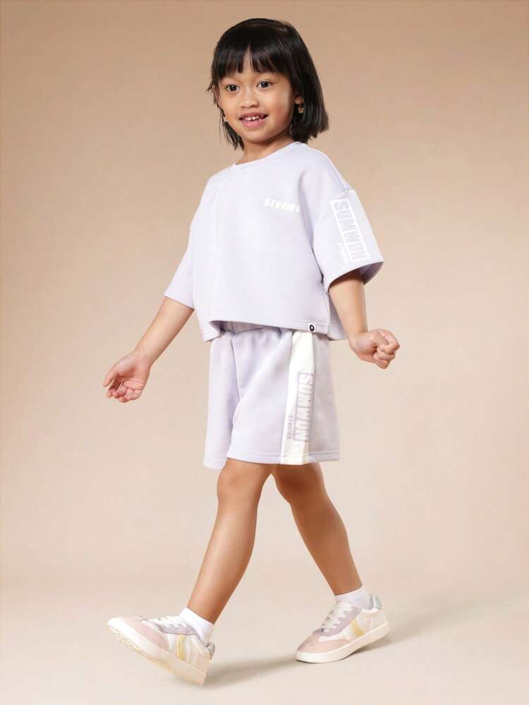 Girls Lilac Crew Neck Short Sleeve T-Shirt And Shorts Co-Ord Set With Text Print Side Panel Details Summer Casual Outfit