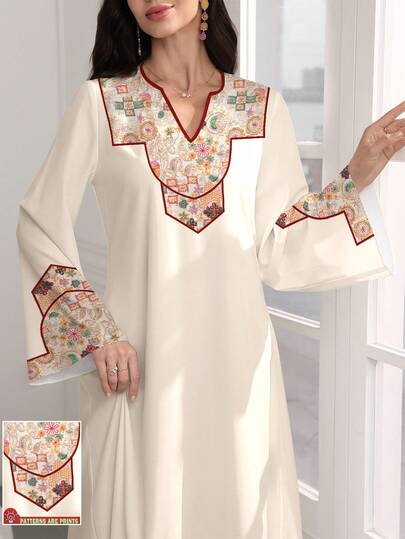 SHEIN Najma Embroidery Print V-Neck Flare Sleeve Maxi Dress, Apricot Color, Elegant Arabic Attire, Persian Dignified Long Dress, Spring & Autumn