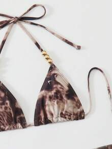Swim SXY Bộ 3 món: Áo bơi buộc dây cổ yếm đính hạt in họa tiết tie-dye, quần bơi buộc dây phía trước và bộ bikini váy ngắn. - Màu vàng - Xem 3