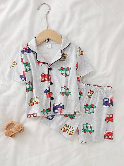 Bộ đồ ngủ hoạt hình thường ngày cho bé trai sơ sinh/trẻ nhỏ, in hình hoạt họa, viền tương phản, áo tay ngắn cài cúc phía trước và quần short, đồ mặc nhà.