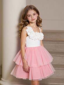 Summer Toddler Girls 4-7 Years Old 3D Flower One-Shoulder Strap Dress, Kids Pink Gradient Tulle Cake Dress, Foreign Trade Children's Clothing - Baby Pink - View 5