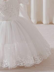 Glamorique Kids 花童、生日派对、连衣裙、26款春夏时尚、舞会礼服、白色蕾丝、缎面质感、白色网纱蓬蓬裙、可拆卸蝴蝶结设计，适合正式场合、钢琴演奏、派对或特殊舞台表演、白色婚礼幼儿礼服、白色公主裙、白色女婴连衣裙、女婴派对礼服、女婴白色连衣裙、幼儿女童白色连衣裙 - 白色 - 查看 10