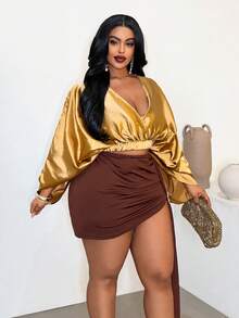 Maweii Plus Size Women Deep V-Neck Ruffle Top And Ruffle Mini Skirt Casual 2-Piece Set - Multicolor - View 5