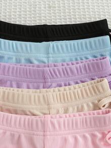 SHEIN Playful Pals 5組幼兒女嬰可愛休閒粉色夏季羅紋針織荷葉邊短袖T恤與短褲兩件套套裝，適合工作與旅行 - 彩色 - 查看 2