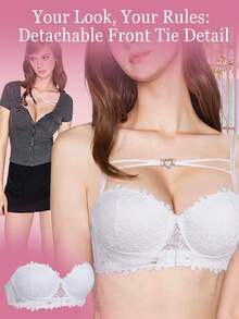 DesireSculpt 1pc Women's Sexy Lace Underwire Front Closure Push-Up Bra, White - White - View 5