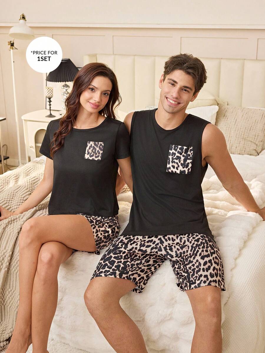 SHEIN Conjunto de pijama de cuello redondo sin mangas con estampado de leopardo y parches para hombre - Multicolor - Ver 1