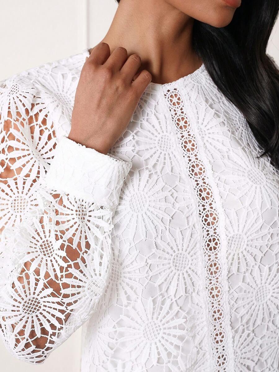 Lilora Stylish White Round Neck Lace Blouse Women's Long Sleeve Regular Fit Top Wedding Summer Elegant - Apricot - View 1