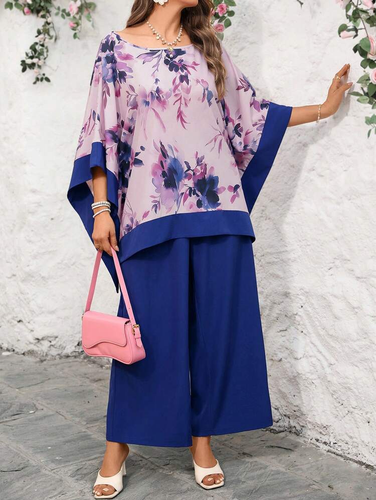 2pc Set Plus Size Women's Summer Casual Vacation Elegant Floral Print Loose Fit Blouse Top Shirt, And Blue Pants 2 Piece Set, Spring/Summer\Summer,Summer Holiday,Spring Break Outfits ,Vacation Outfits Women ,Holiday Outfits For Women,Going Out Outfits,2026 New Clothes,Simple And Fashionable For Everyday Wear,Suitable For Summer, Vacation, Commute, Daily Wear,Modest Two Piece Set, Plus Size Summer Sets, Wide Leg Pants Set, Plus Size Pants Set