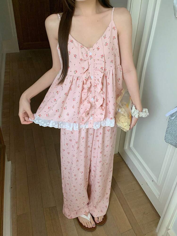 2pcs Women's Ditsy Floral Lace Patchwork Sleeveless Camisole And Loose Straight Leg Pants Pajama Set, Summer