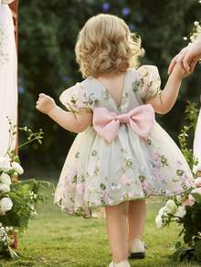 Baby Girl's Elegant Flower-Embroidered Net Ruffled Back Three-Dimensional Bow Dress In Summer, Princess Dress, Birthday Dress, Party Dress, Wedding Season, Flower Girl Dress - Green - View 5