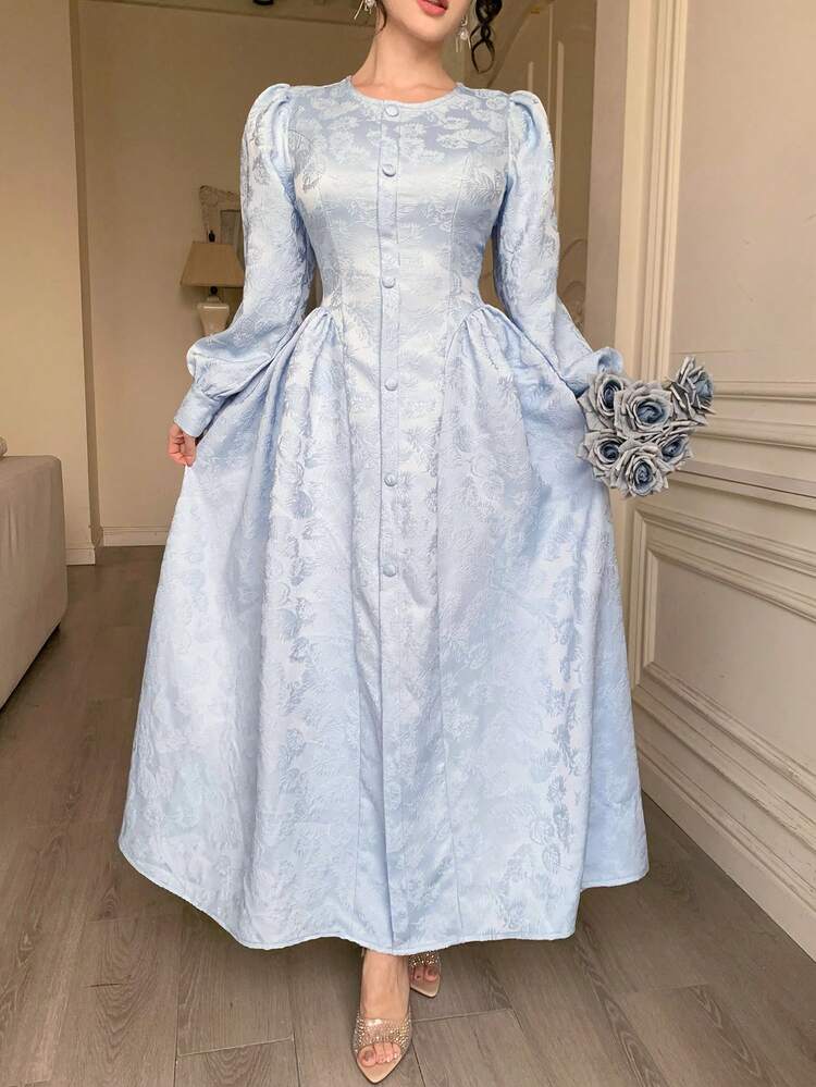 Women's Round Neck, Raglan Sleeve, Waist Cinched, Front Button Pleated Elegant Dress Sundress