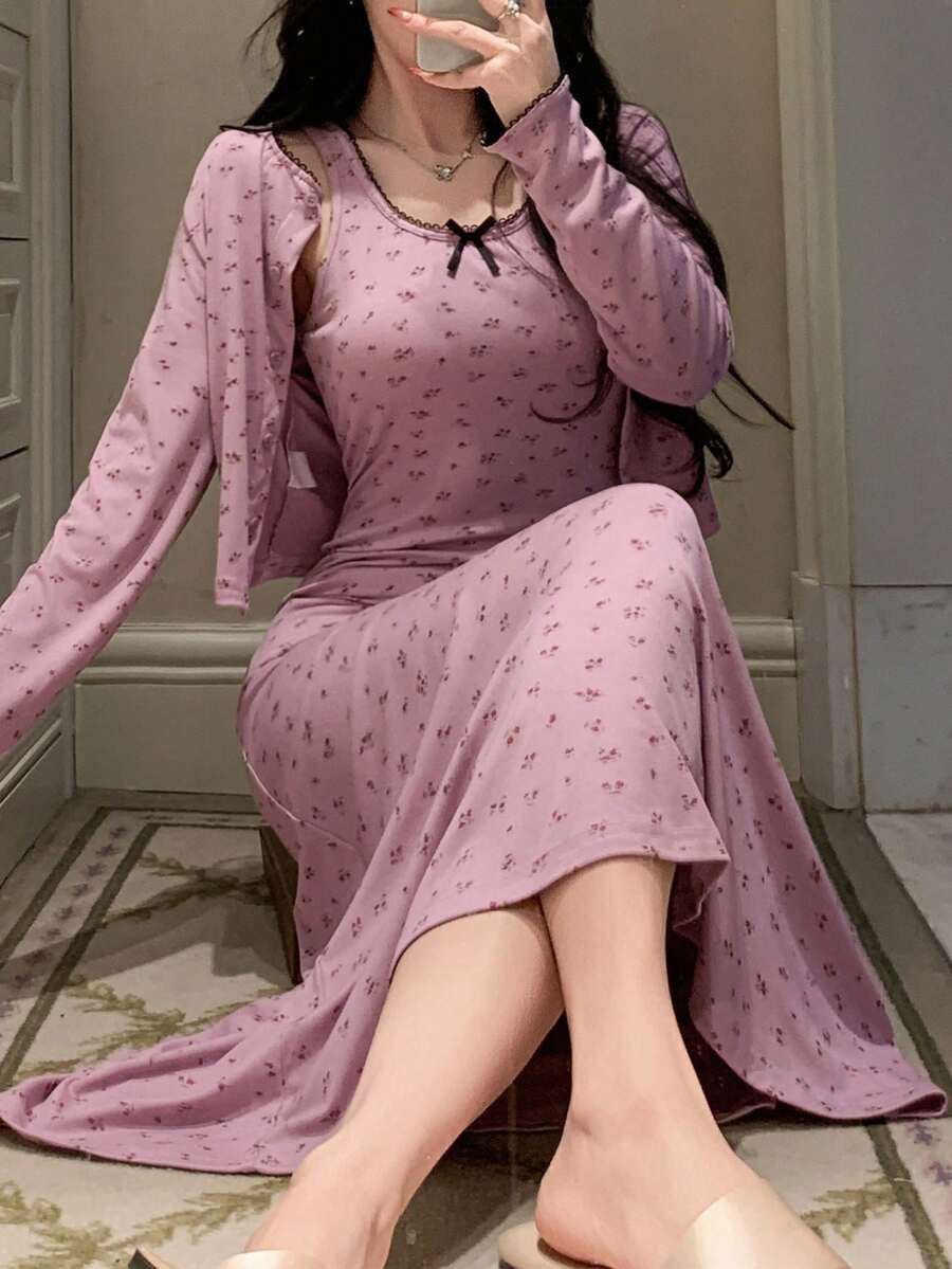 2pcs Women Ditsy Floral Camisole Dress & Long Cardigan Sleepwear Set - Mauve Purple - View 1