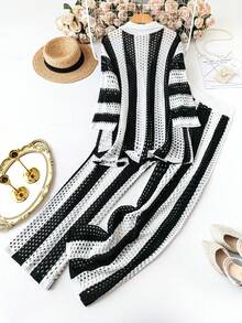 EMERY ROSE Bộ áo len ngoại cỡ, áo sọc dài tay cổ chữ V và quần ống đứng rộng rãi, cho mùa đông - màu đen - Xem 2