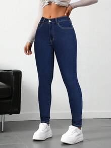 SHEIN Tall Tall Women's Stretch Washed Denim Skinny Jeans - Royal Blue - View 5