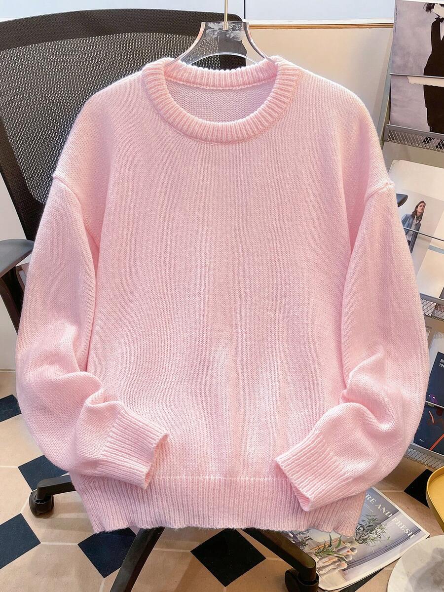 Manfinity Joysei 男士休闲纯色圆领落肩长袖粉色毛衣，秋冬款 - 粉色 - 查看 1