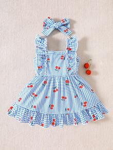 SHEIN 2件套新生女宝宝粉色卡通草莓格子连衣裙，配可爱蝴蝶结发带，0-3个月，柔软弹力舒适，荷叶边装饰，适合外出、度假、拍照，春夏新品 - 藍色 - 查看 2