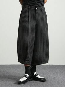 PAVTROS Men's Woven Casual Striped Loose Fit 7/8 Pants - Black - View 3