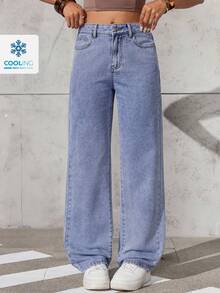 Jeanoix 女式休闲直筒宽松牛仔裤 - 中等水洗藍 - 查看 1