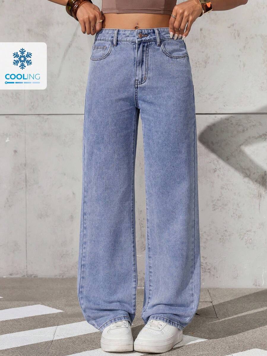 Jeanoix 女式休闲直筒宽松牛仔裤 - 中等水洗藍 - 查看 1