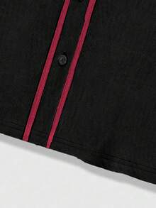 ROMWE MEN Prep 男士字母印花单排扣休闲宽松短袖衬衫 - 黑色 - 查看 4