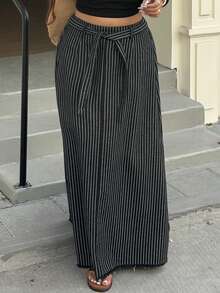Dazy Plus 休闲条纹A字中长牛仔裙，松紧腰设计，春夏款 - 黑色 - 查看 9