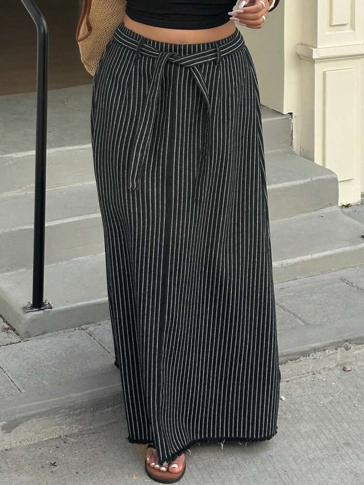 Dazy Plus Casual Striped A-Line Midi Denim Skirt With Elastic Waist, Spring/Summer