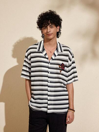 Felipe Marques Men's Floral Print Striped Contrast Color Short Sleeve Shirt, Casual For Holiday, Party, Autumn/Winter/Spring, Beach Resort, Bohemian, Black