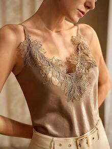 MOTF PREMIUM TOP DE TIRANTES ELEGANTE CON APLICACIÓN DE ENCAJE PARA MUJER, VERANO - Marrón - Ver 2