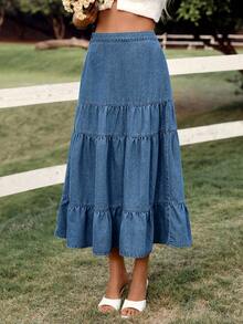 Breezaya 女士休闲牛仔裙，荷叶边下摆 - 中等水洗藍 - 查看 2
