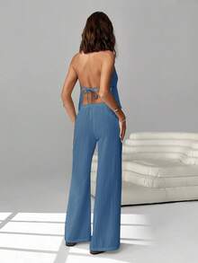 2 piezas Conjunto casual de vacaciones para mujer con top halter sin espalda y pantalones en color caqui tejido - Azul lavado medio - Ver 2